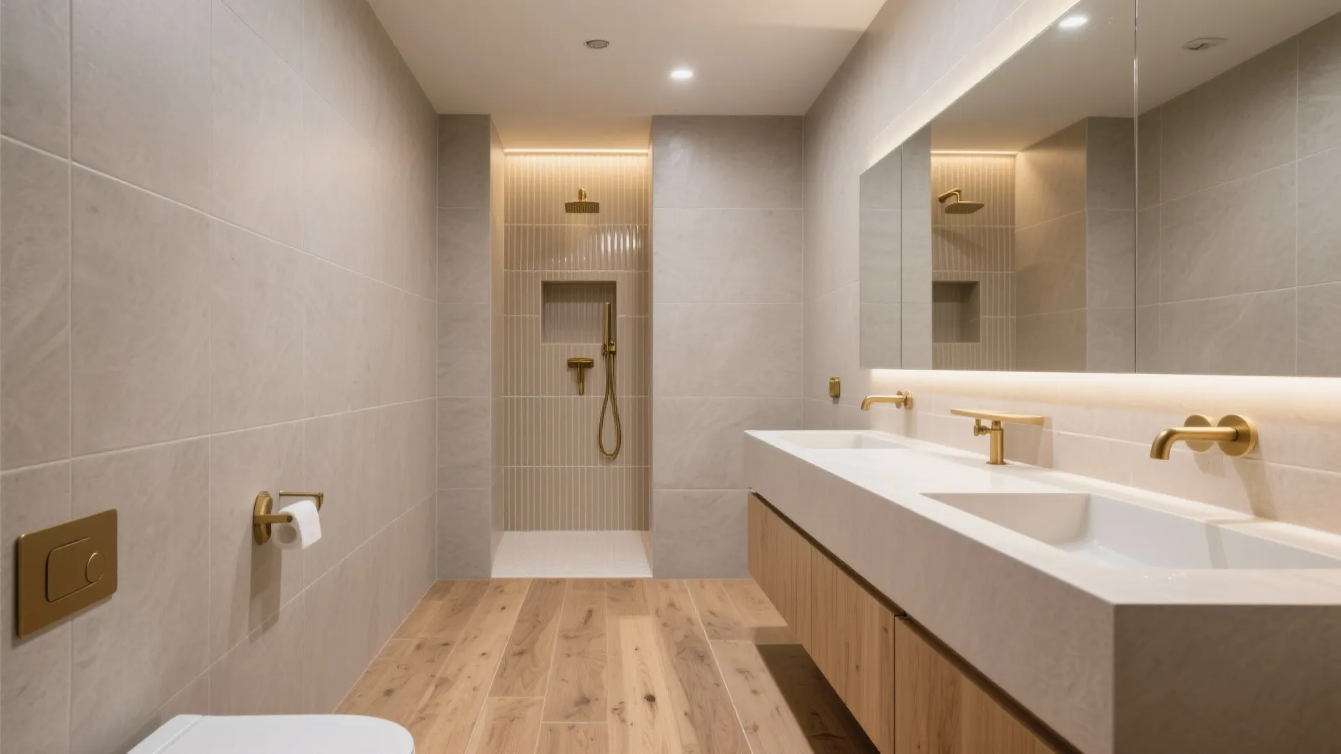 Modern bathroom with double sink white counter wood floor gold light fixtures and glass shower