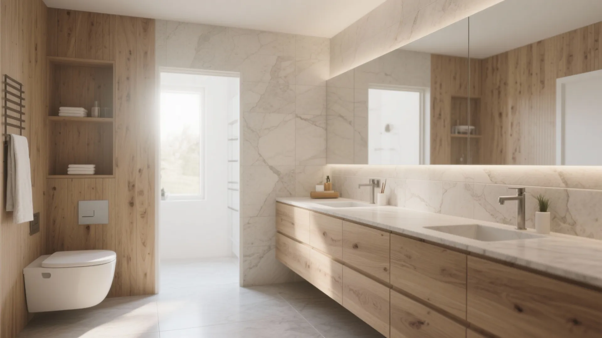 Modern bathroom with double wooden vanity marble wall tiles white toilet and a large mirror