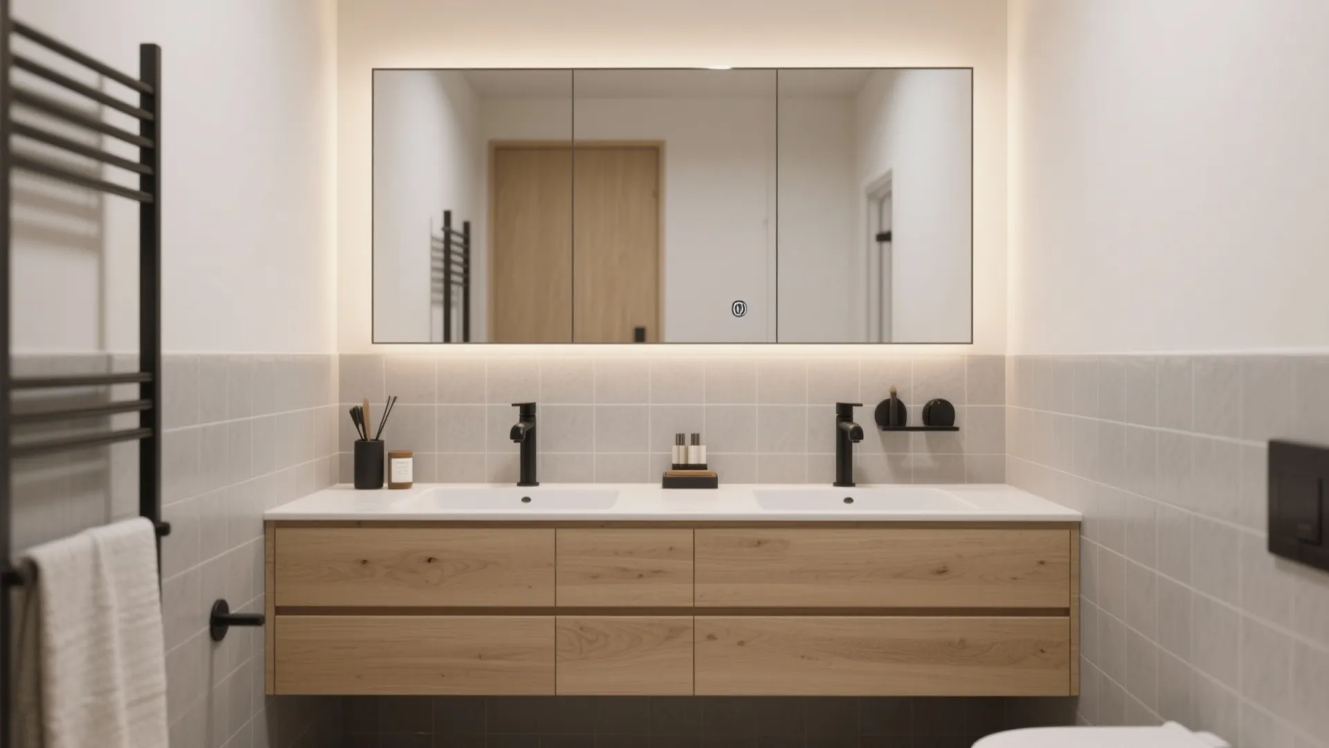 Minimalist bathroom with wooden cabinet and double sink and large mirror with soft warm light