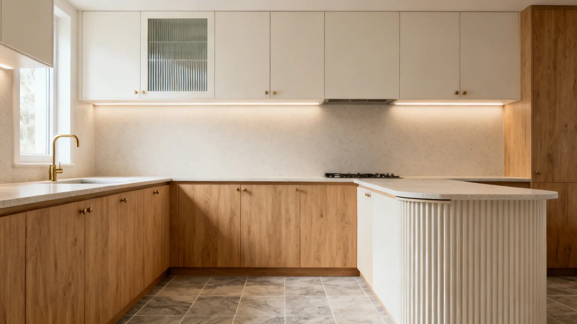Warm minimalist 9x5 kitchen with light oak bases, off-white uppers, and pale quartz counters.