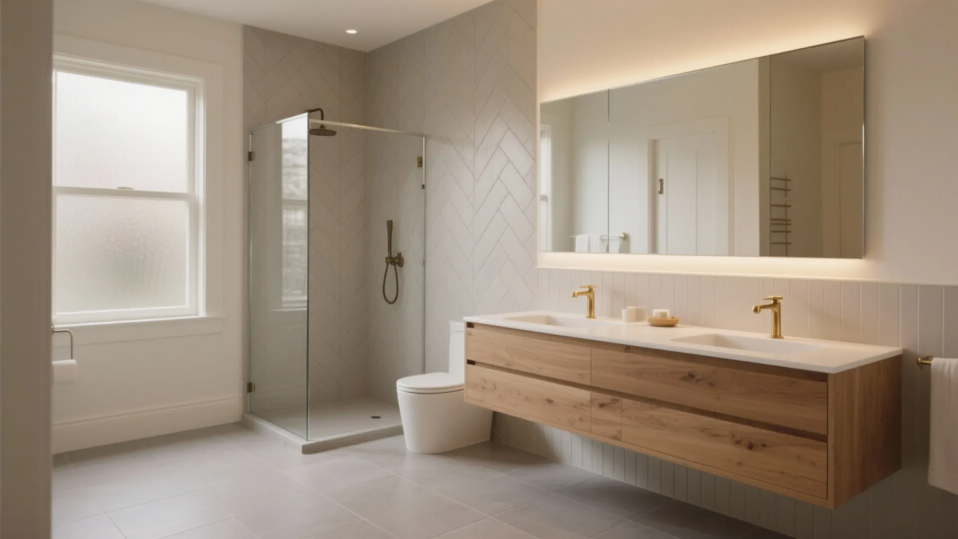 Spacious bathroom with glass shower door wood floating vanity double sinks and large backlit mirror