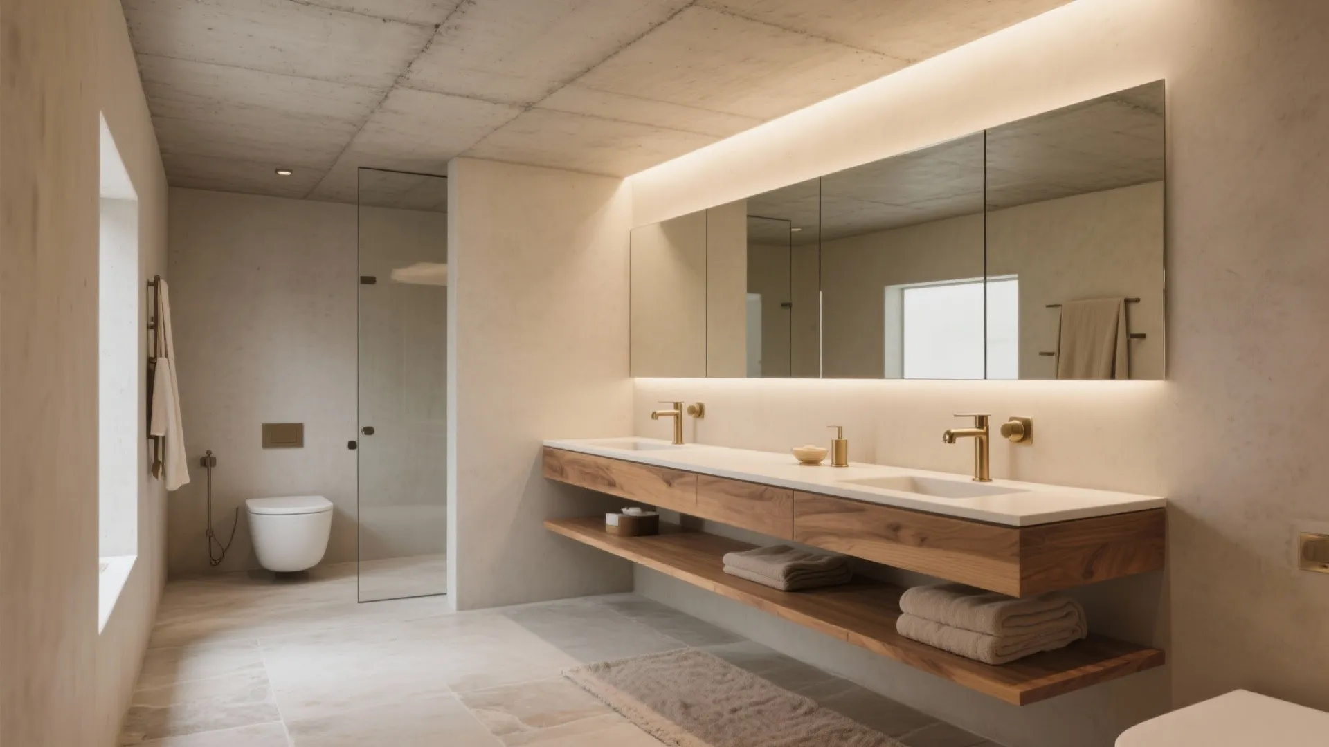 Modern bathroom with a long wooden cabinet, double sinks, gold faucets, large mirror, and toilet