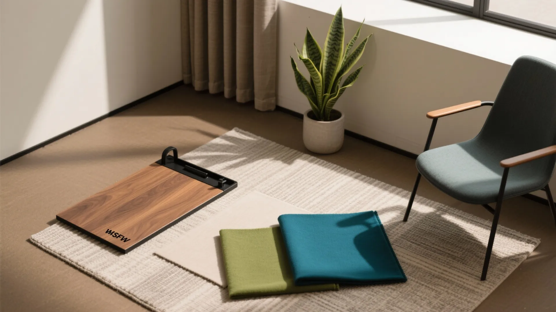 Minimalist room with a green plant chair rug and colorful fabric samples on the floor