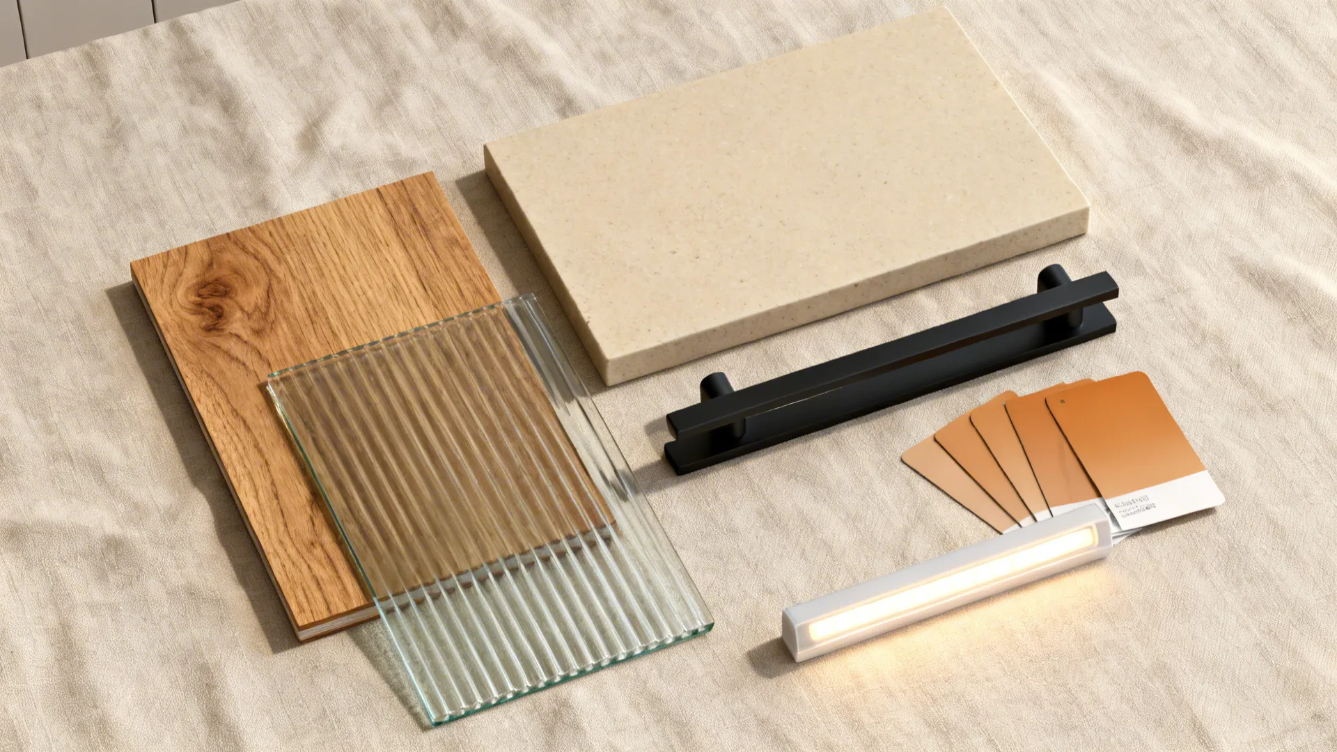 Interior design materials including wood board stone slab fluted glass black handle and warm color samples