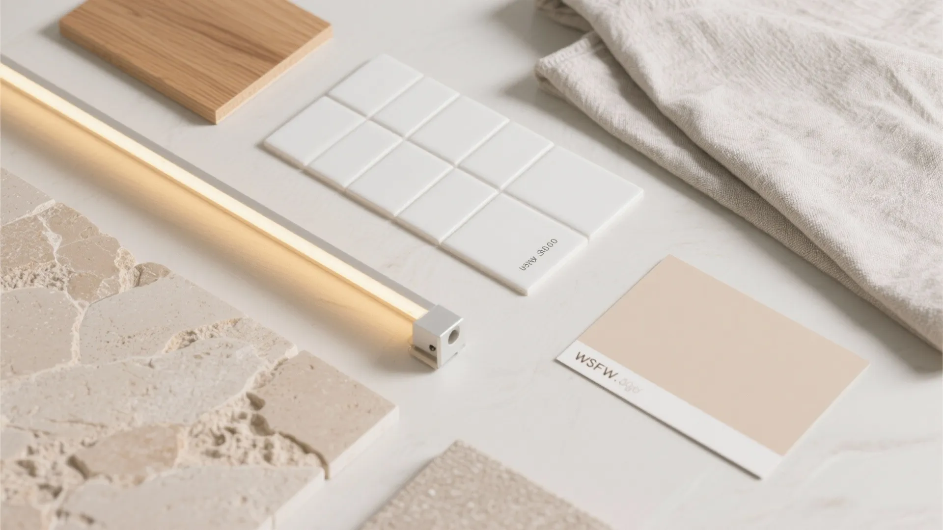 5) Stone-look porcelain with wood accents for warm minimalism