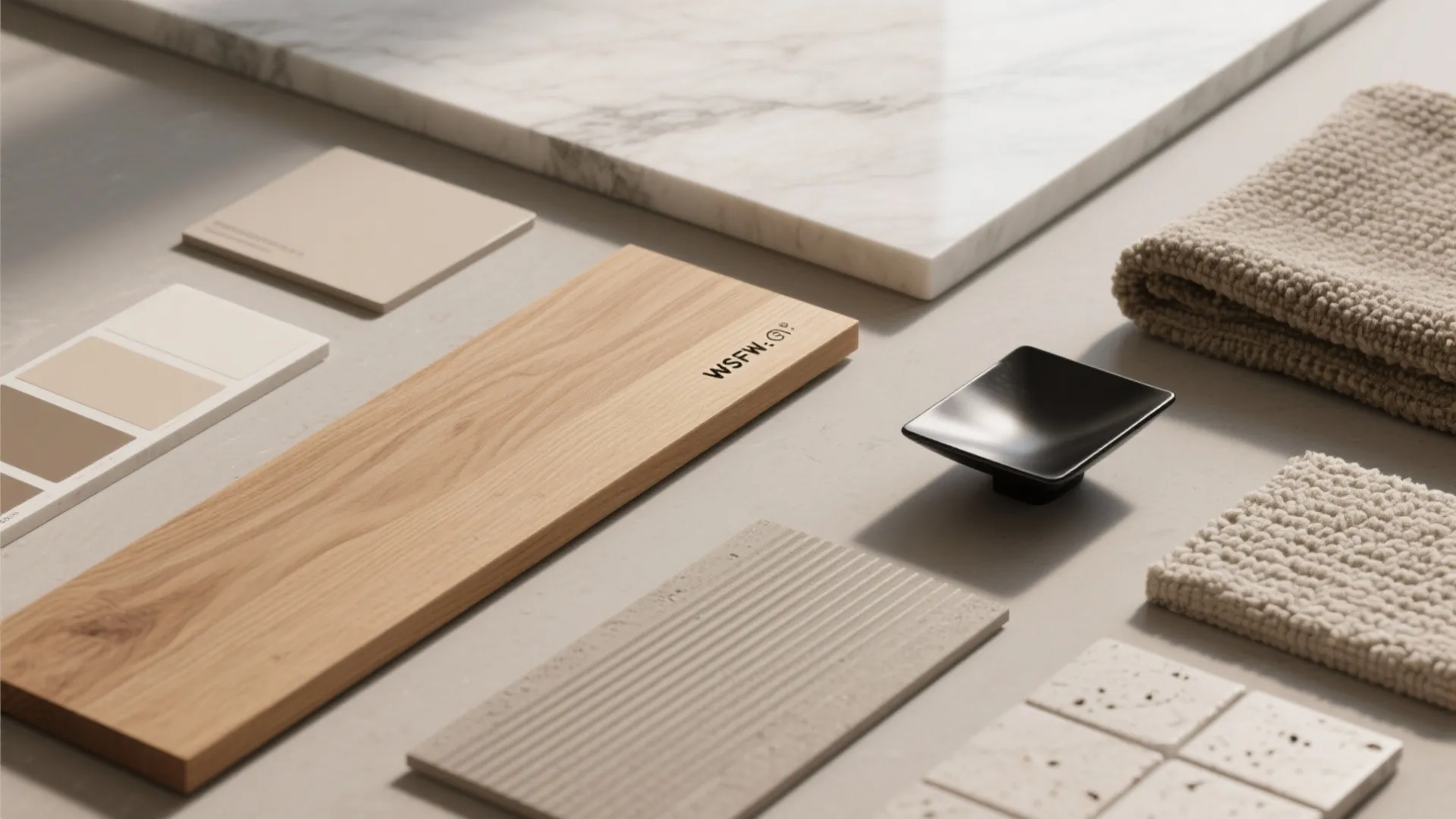 Material palette: warm minimal with durable finishes