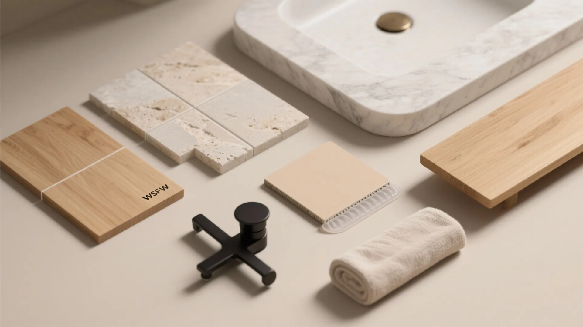 3) Warm minimalism: wood + stone, matte black accents