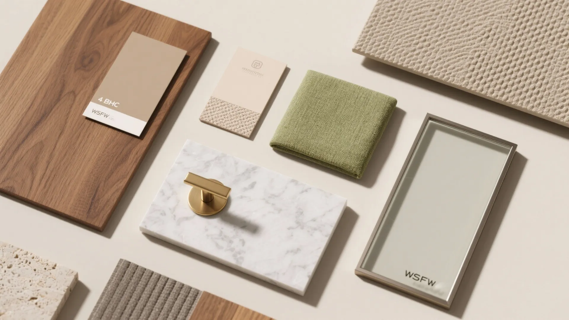 Interior design material board with wood samples marble tile green fabric and metal cabinet gold handle