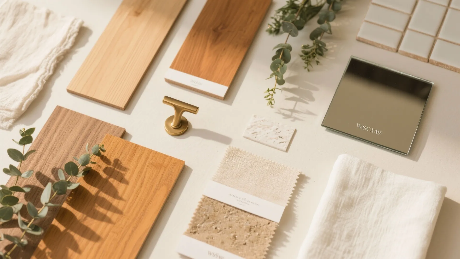 Interior design material board with wood samples fabric pieces gold cabinet handle tiles and green leaves