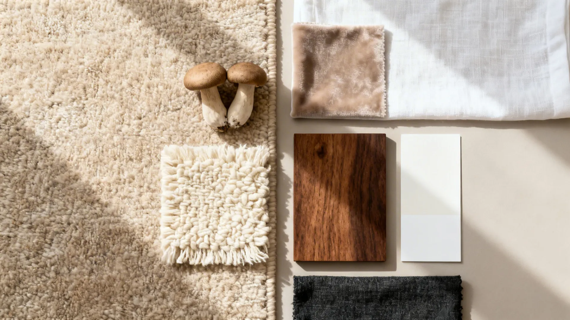 Flatlay of warm minimalist materials: wool rug, linen, velvet, boucle, walnut, and charcoal accent.
