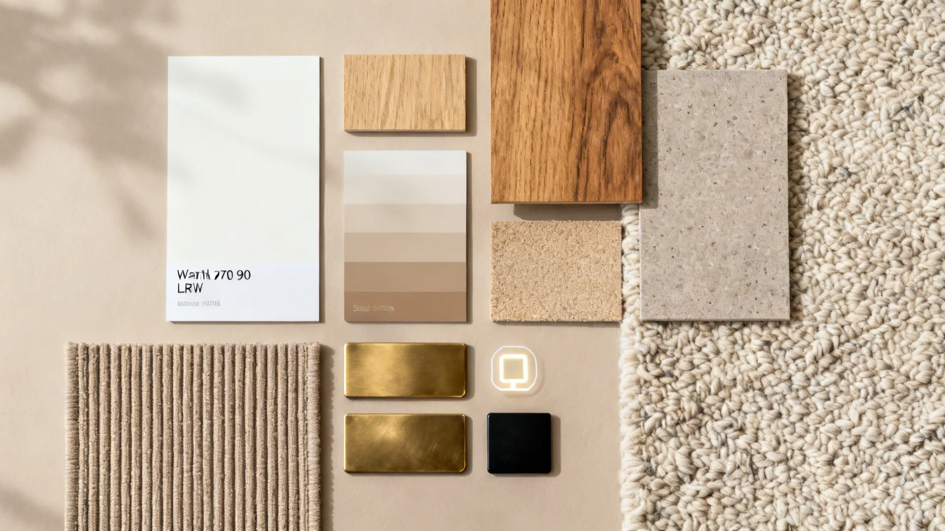 Flat lay of warm white paints, oak veneer, boucle and linen textiles, and ribbed rug.