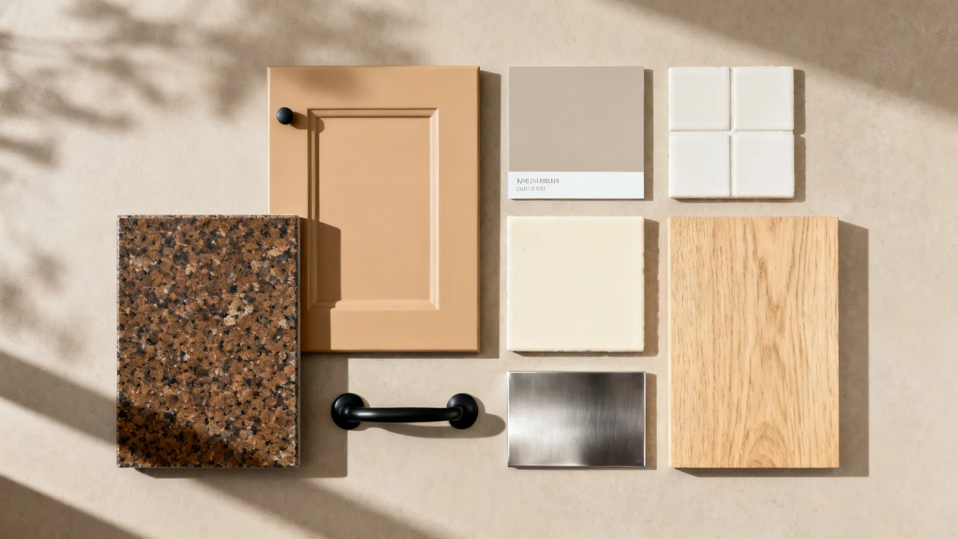 Flat lay of Baltic Brown granite with beige cabinet swatch, greige paint, and black hardware.