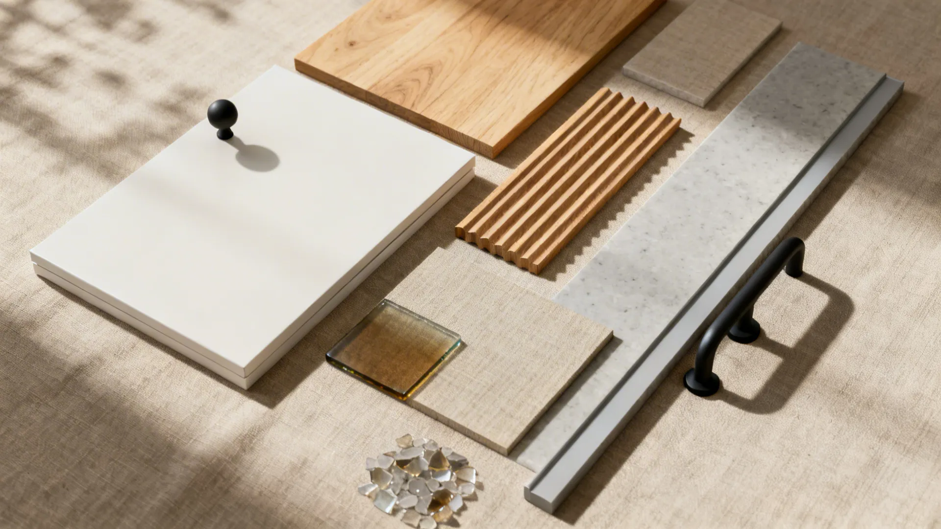 Interior design material samples including wood, marble, white panel, black handles, and fabric on linen