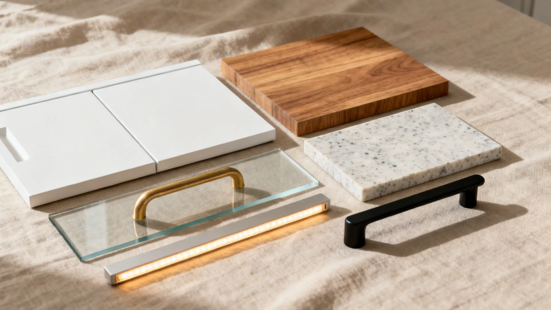 Flat lay of matte white, rift oak, quartz, satin glass, and hardware for a warm minimalist kitchen.