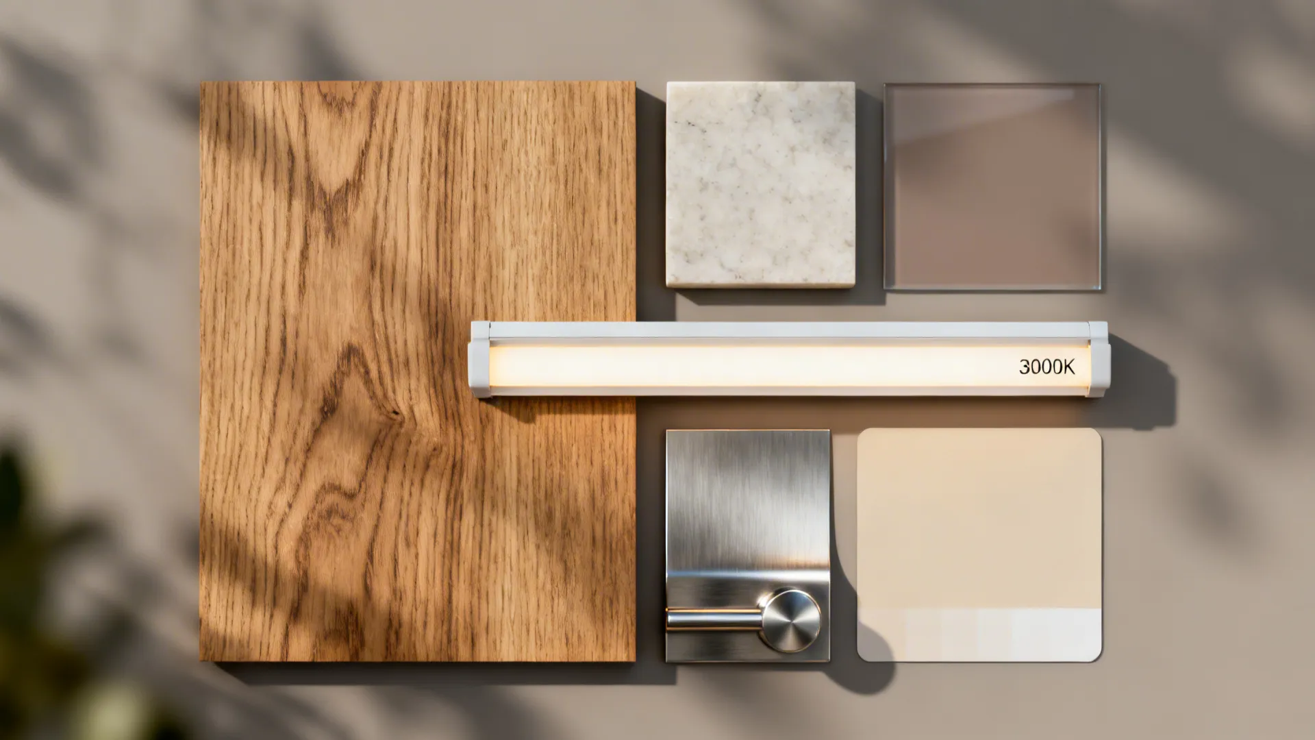 Flat lay of oak veneer, pale quartz, matte glass, 3000K LED strip, and warm neutral paint for a cozy kitchen palette.