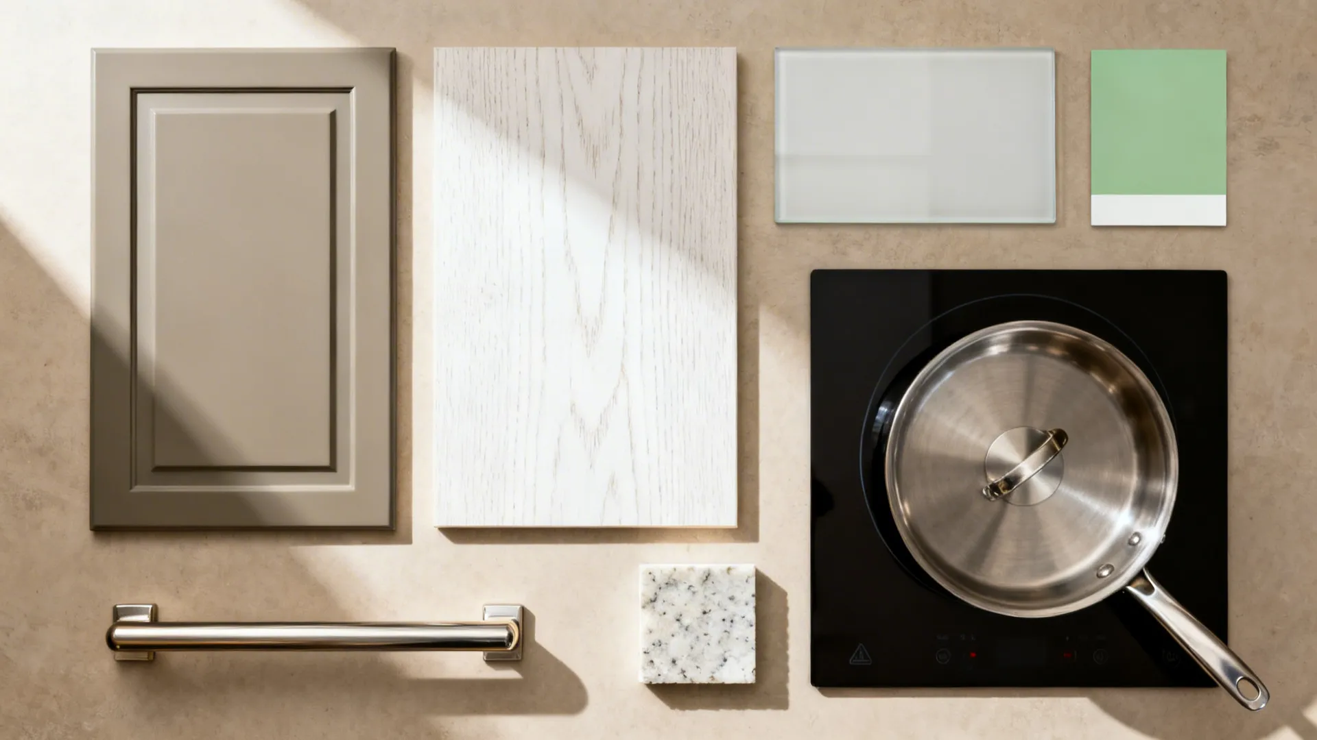 Flat lay of greige cabinet, white oak, white glass, quartz, stainless pull, and green paint chip.