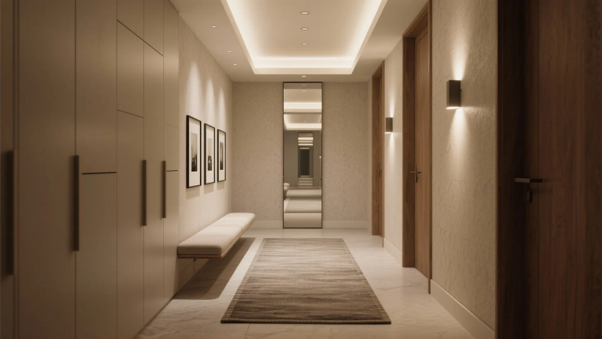 Modern warm hallway with large cabinet wall bench rug wooden doors and soft wall light