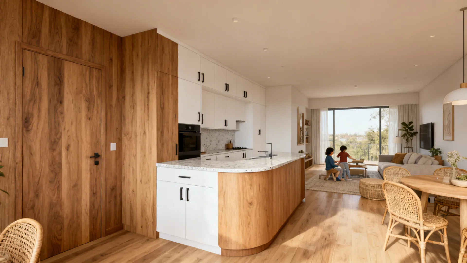 Warm wood kitchen island with a curved end panel and light quartz top in a minimal setting.