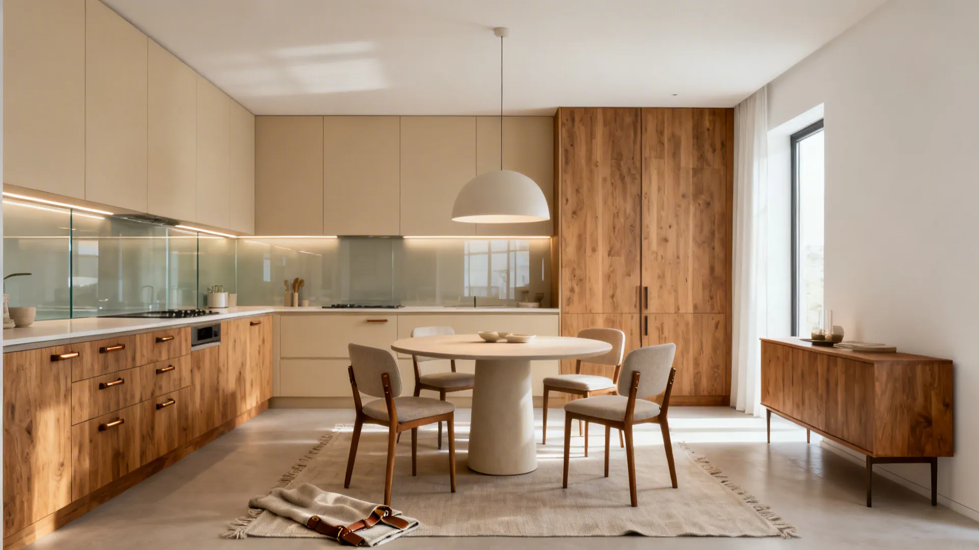 Minimalist kitchen dining area with wood cabinets round table beige chairs rug and large ceiling light