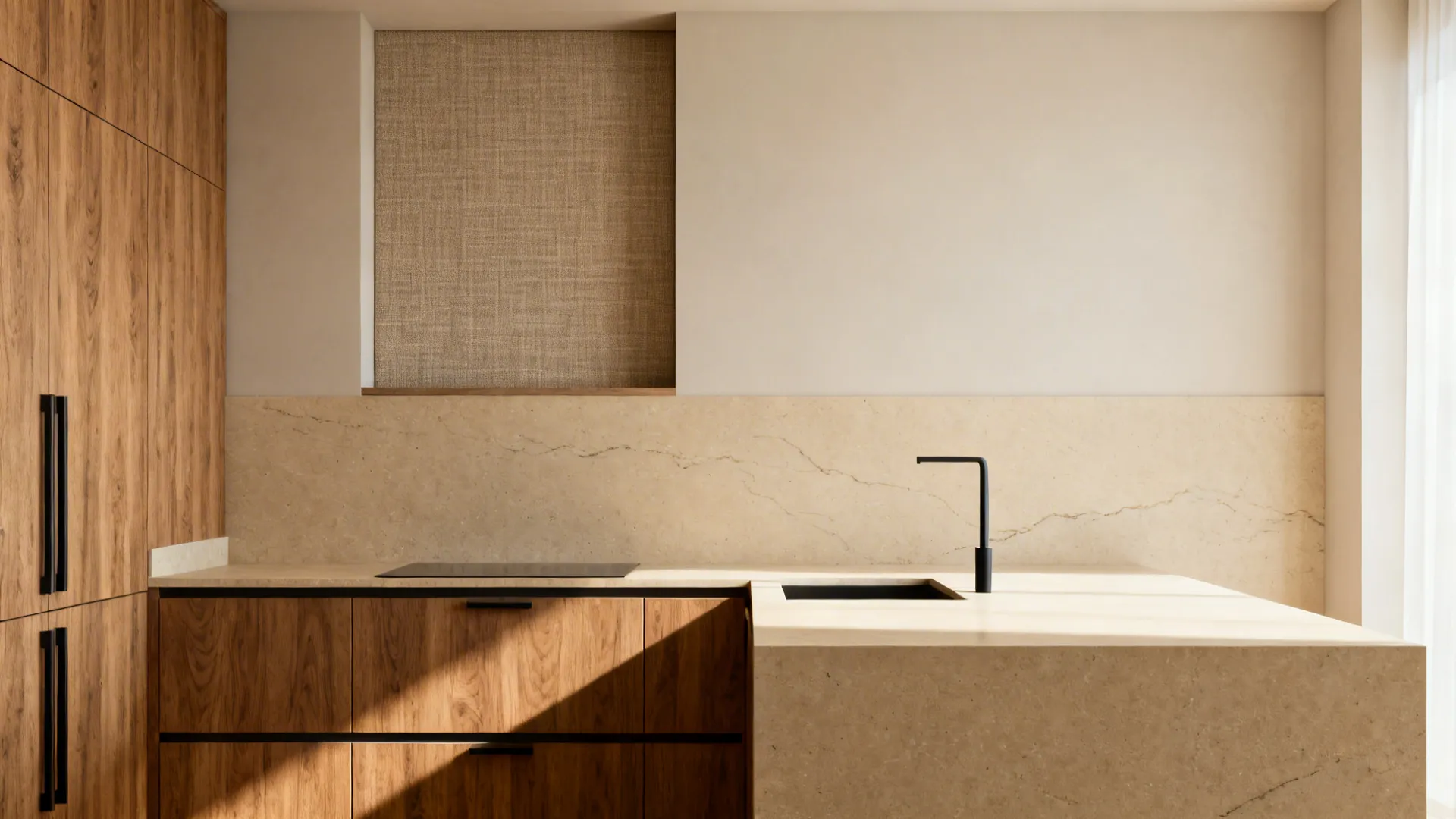 Minimalist kitchen featuring wooden cabinets beige stone countertop black faucet and textured wall panel inset design