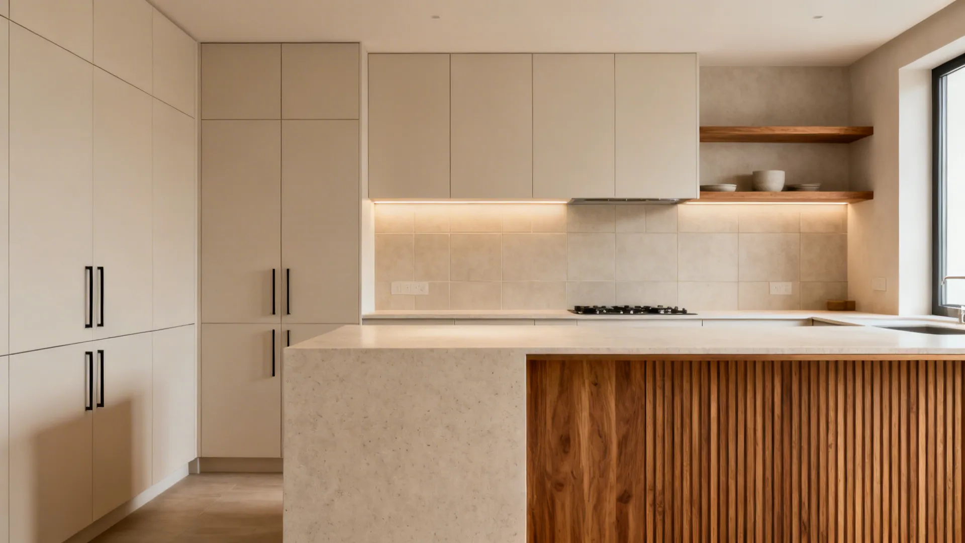 Warm minimalist 10x14 kitchen with rift-oak accents, slim hardware, and light counters.