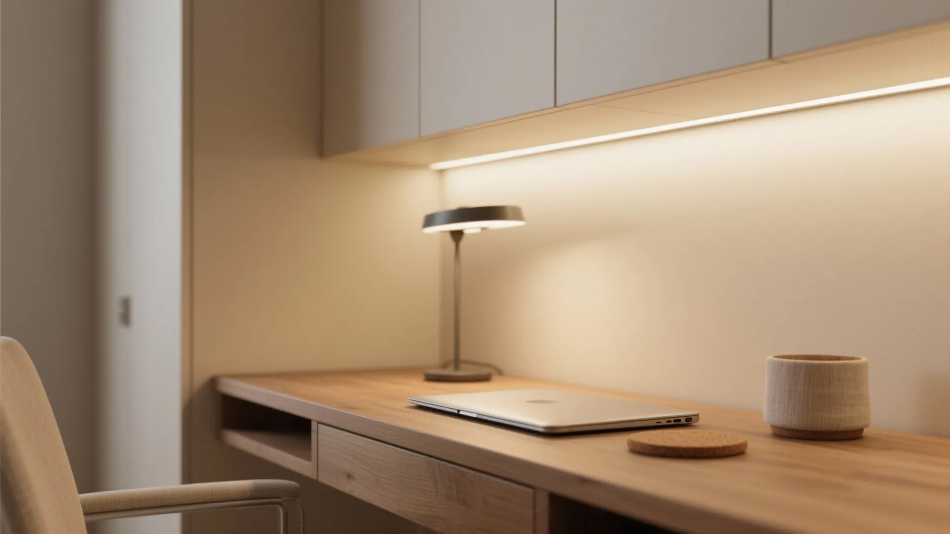 Modern wooden desk with laptop, small desk lamp, warm under cabinet lighting, and beige chair