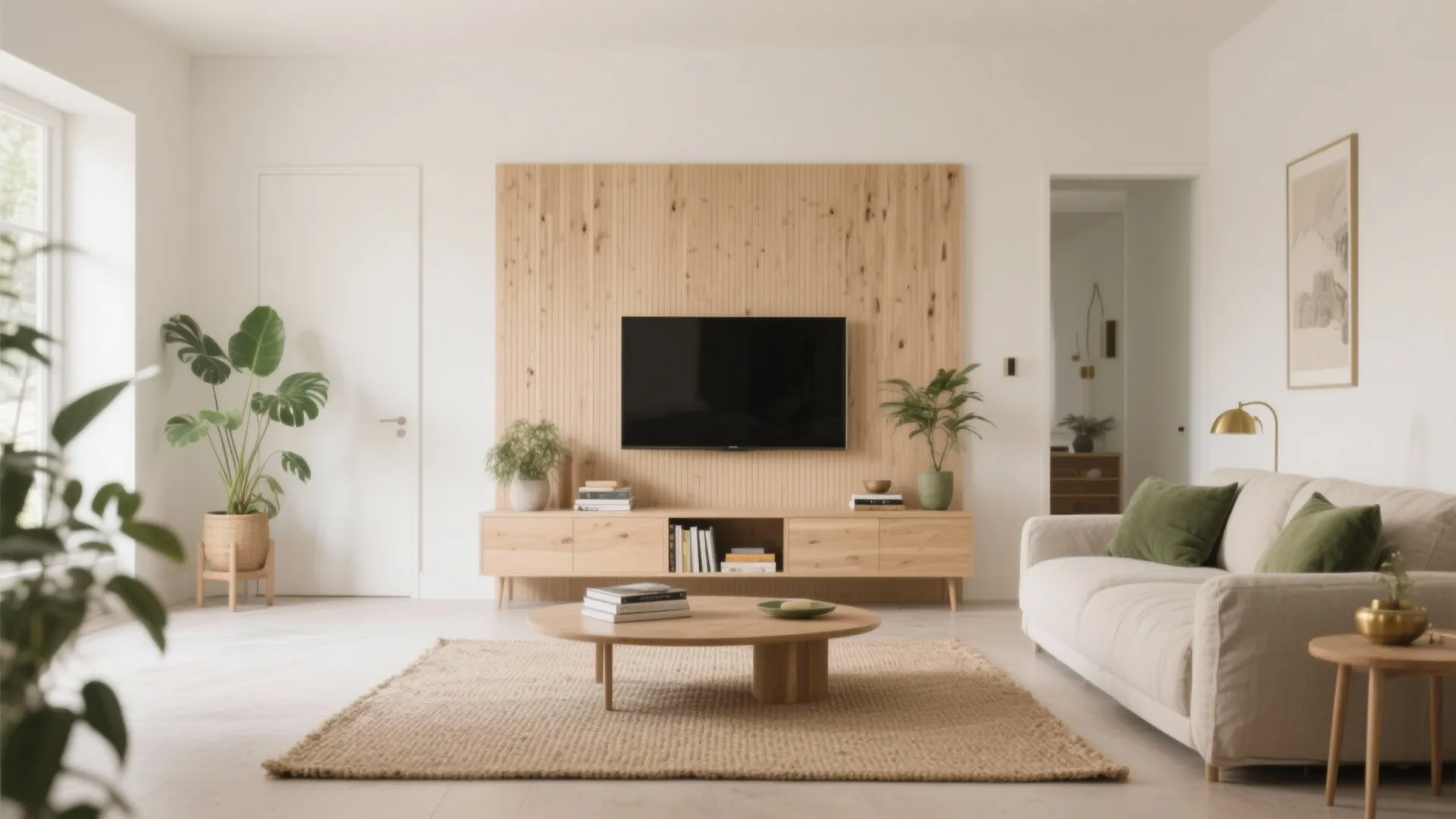 5) Calm minimalism with warm wood notes—not white-on-white