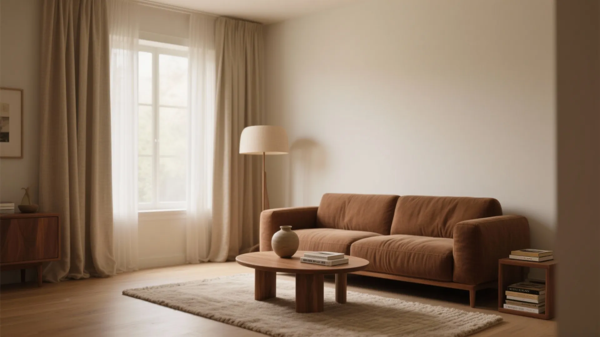 Warm Minimalism Around a Brown Sofa