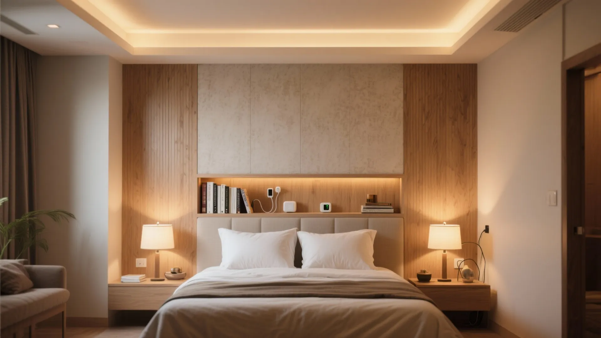 Warm master bedroom with wood wall panel white pillows two bedside lamps and a sofa