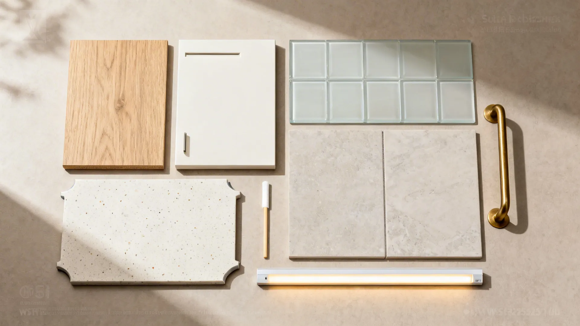 Flat lay of light oak laminate, off-white matte, pale quartz, satin glass, brass hardware, and grout.