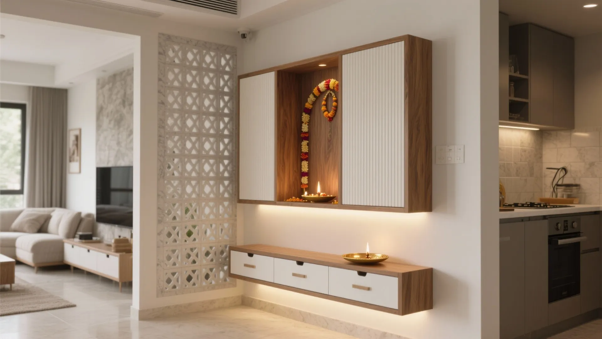 Modern wall cabinet with wood finish featuring integrated lighting and traditional decorative elements in living room