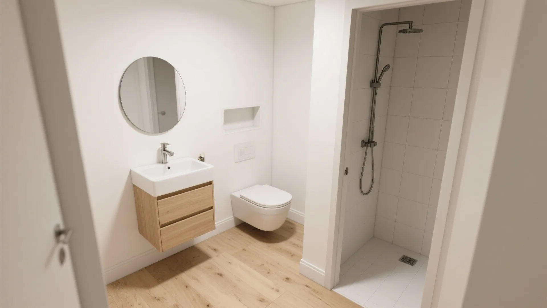 Warm minimal bathroom with light oak wood-look porcelain tiles and white fixtures.