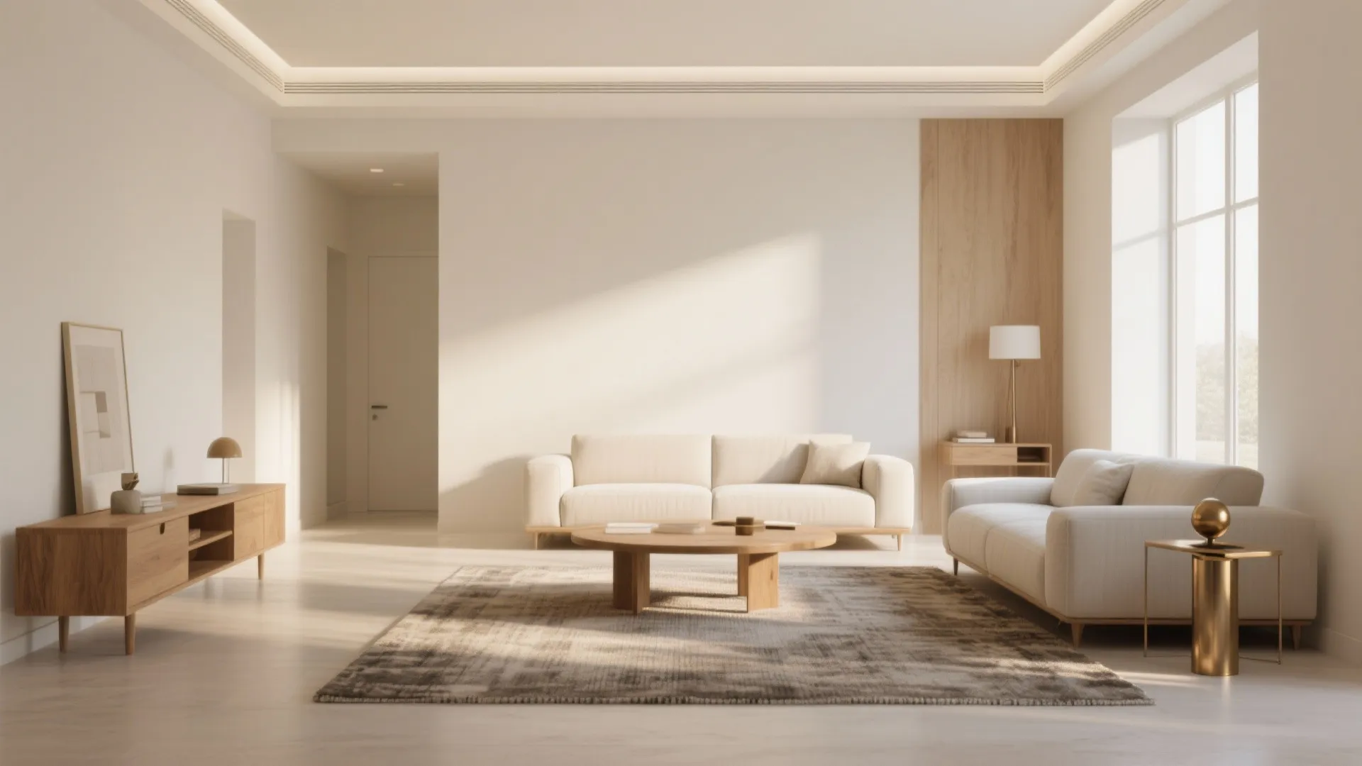 Minimalist living room with warm creamy white walls, natural wood furniture and warm metal accents.