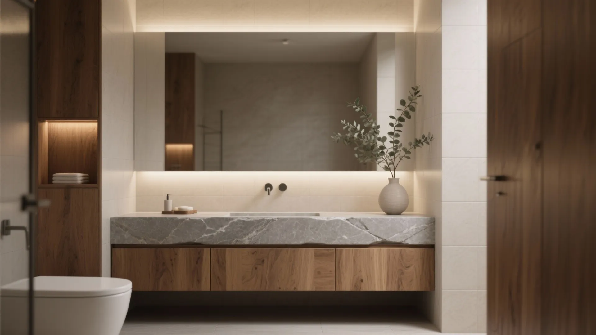 Modern bathroom with marble sink counter wooden cabinets large backlit mirror and a green plant