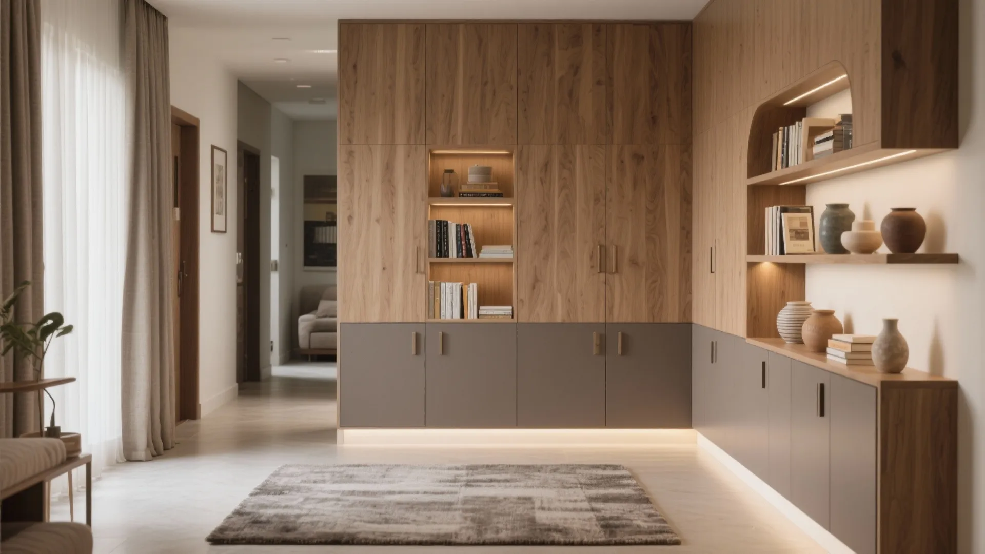 Modern wood and grey cabinet storage with built in lighting books and small pottery decor