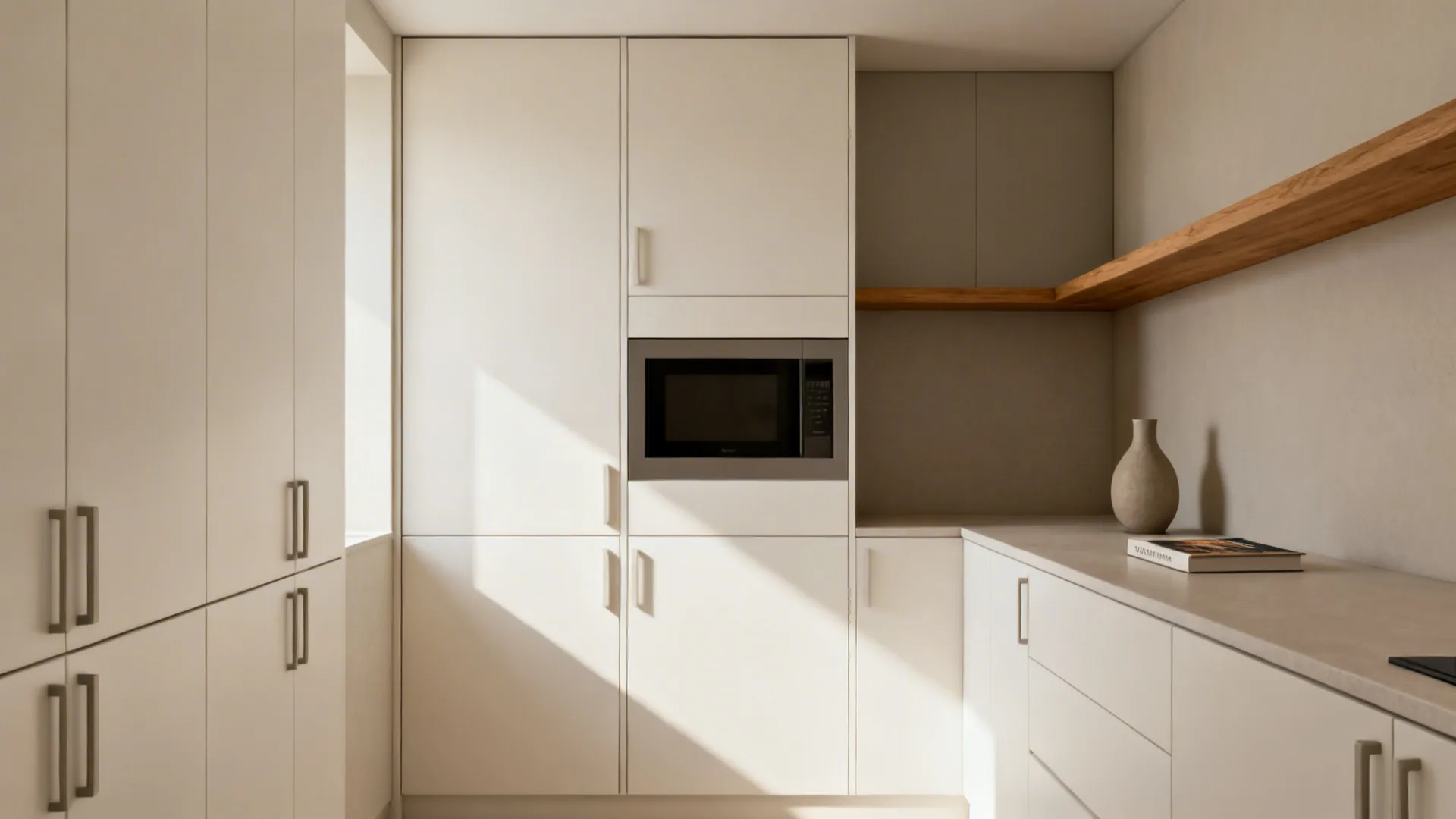 Minimalist warm storage with matte slab fronts, tall pantry, and oak accent shelf in a small kitchen.