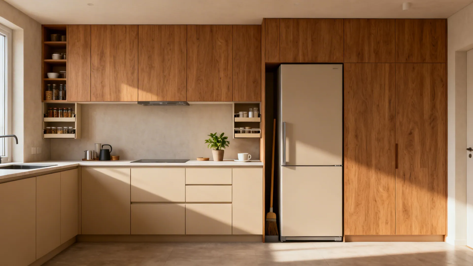 Warm minimalist 1 BHK kitchen wall with slab fronts, push-to-open doors, and hidden vertical storage.
