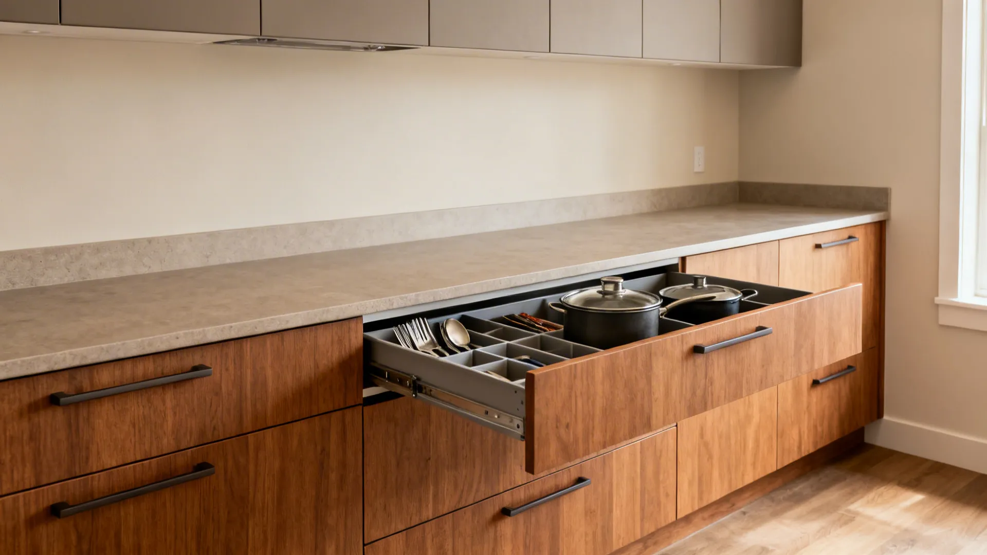 Flat-panel wood cabinets with integrated pulls and organized drawers in a clutter-free small kitchen.