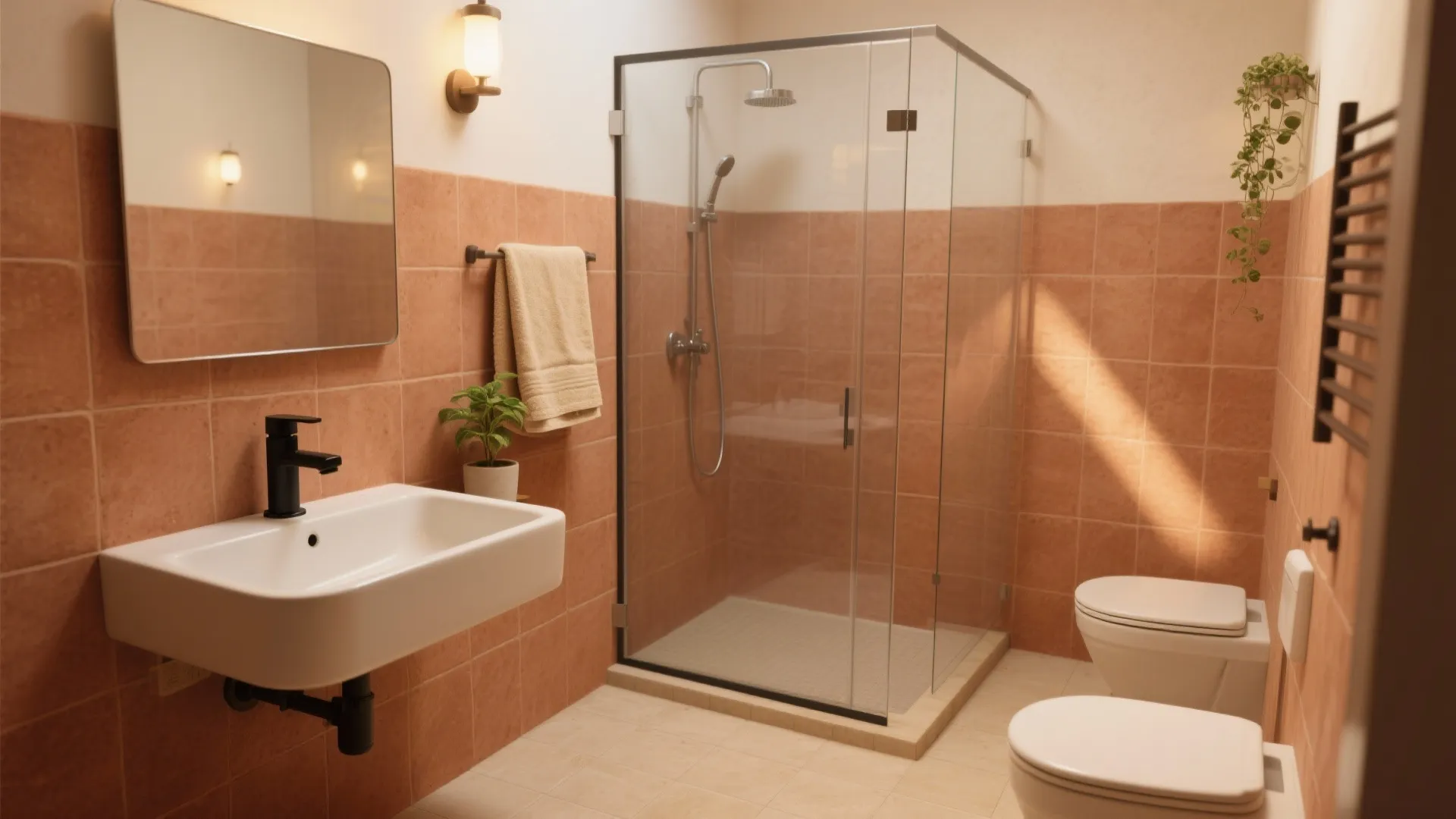 Earth-toned matte terracotta tiles and a wall-hung basin create a calm, open small bathroom.