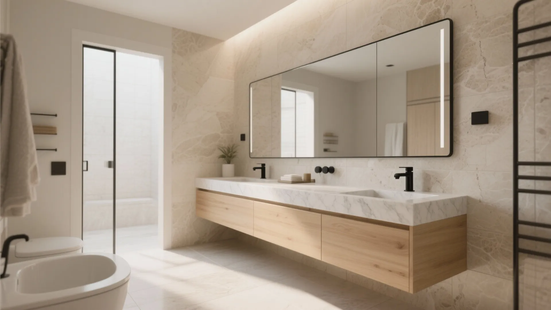 3) Warm minimalism: wood + stone, matte black accents