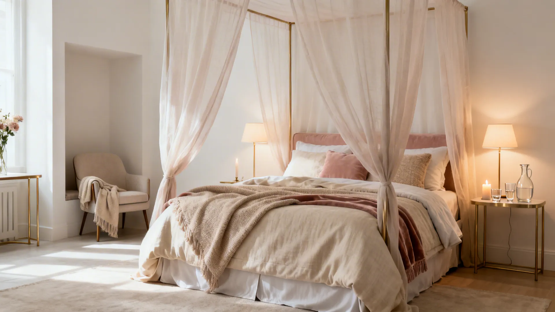 Elegant white bedroom featuring canopy bed with curtains soft pink pillows and warm table lamps lighting