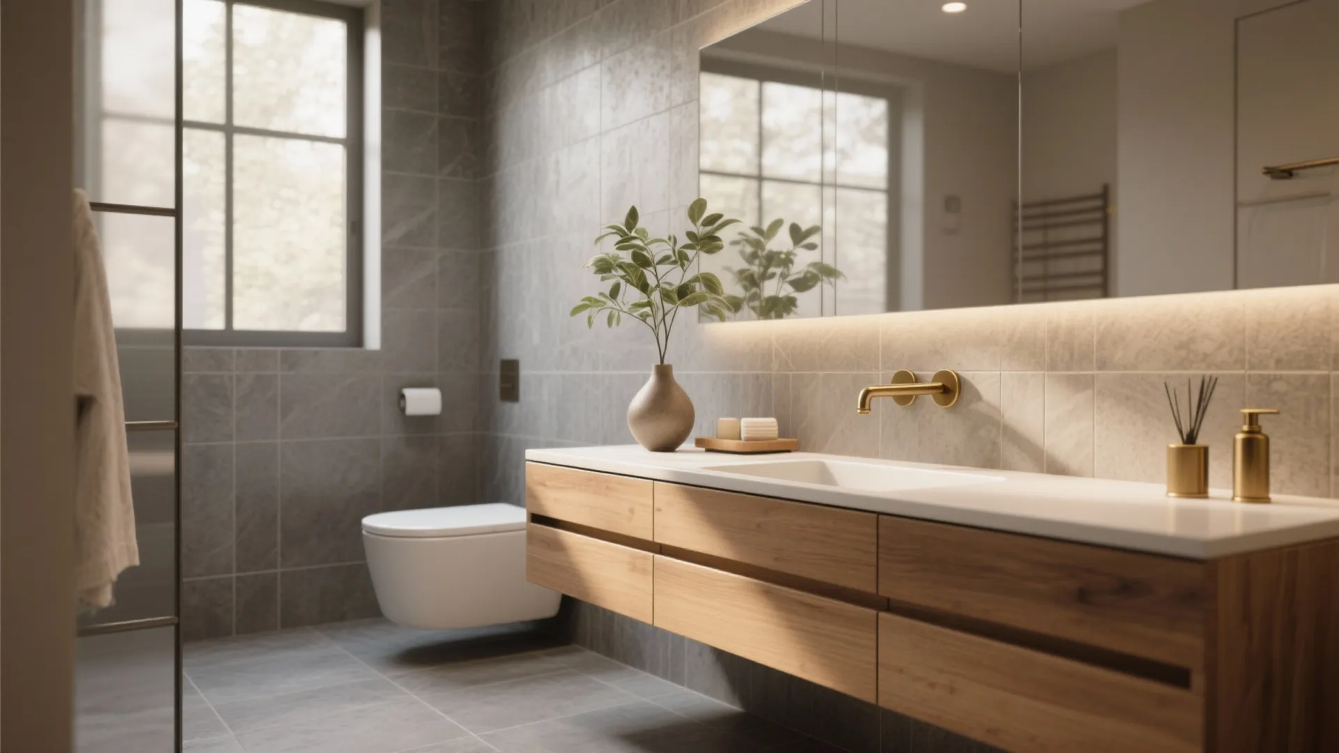 Minimalist bathroom design with wooden cabinet white sink gold tap grey wall tiles and natural light