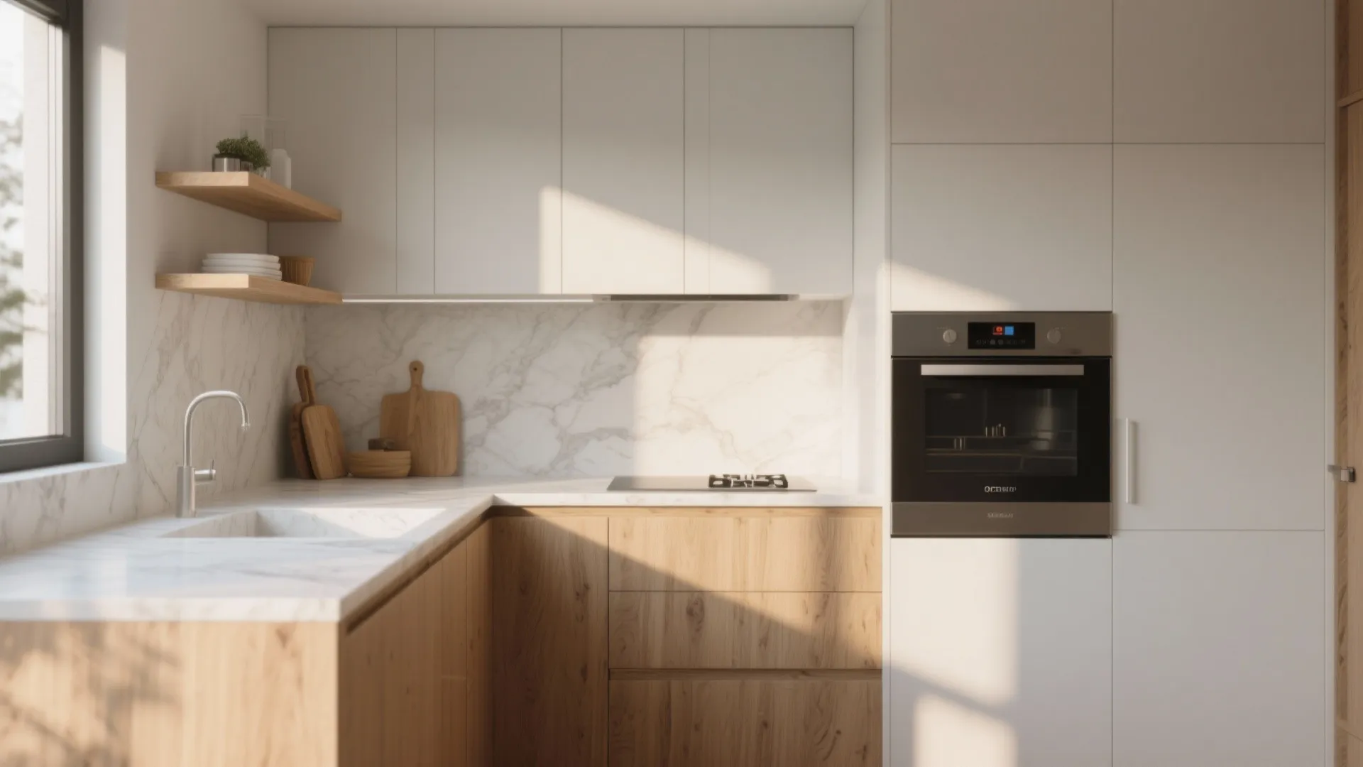 Bright kitchen corner with wood cabinets marble backsplash white upper cabinets an oven and natural light
