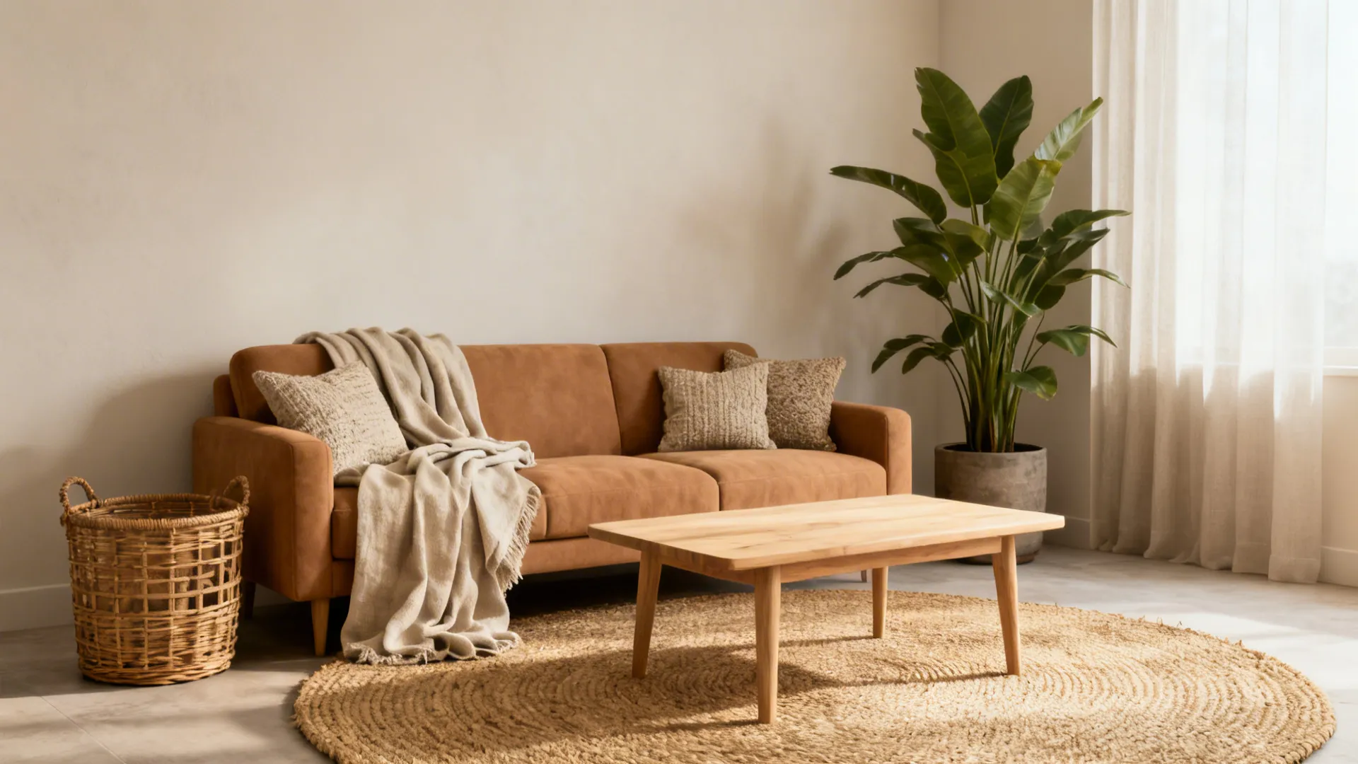 Small living room with a tan couch, light wood furniture, woven rug and rattan accents in soft daylight