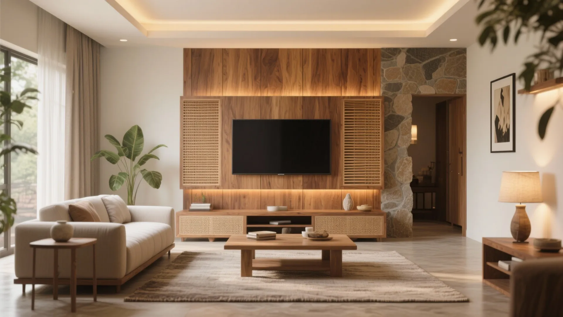 Modern living room with wooden wall panel television unit white sofa coffee table and natural lighting
