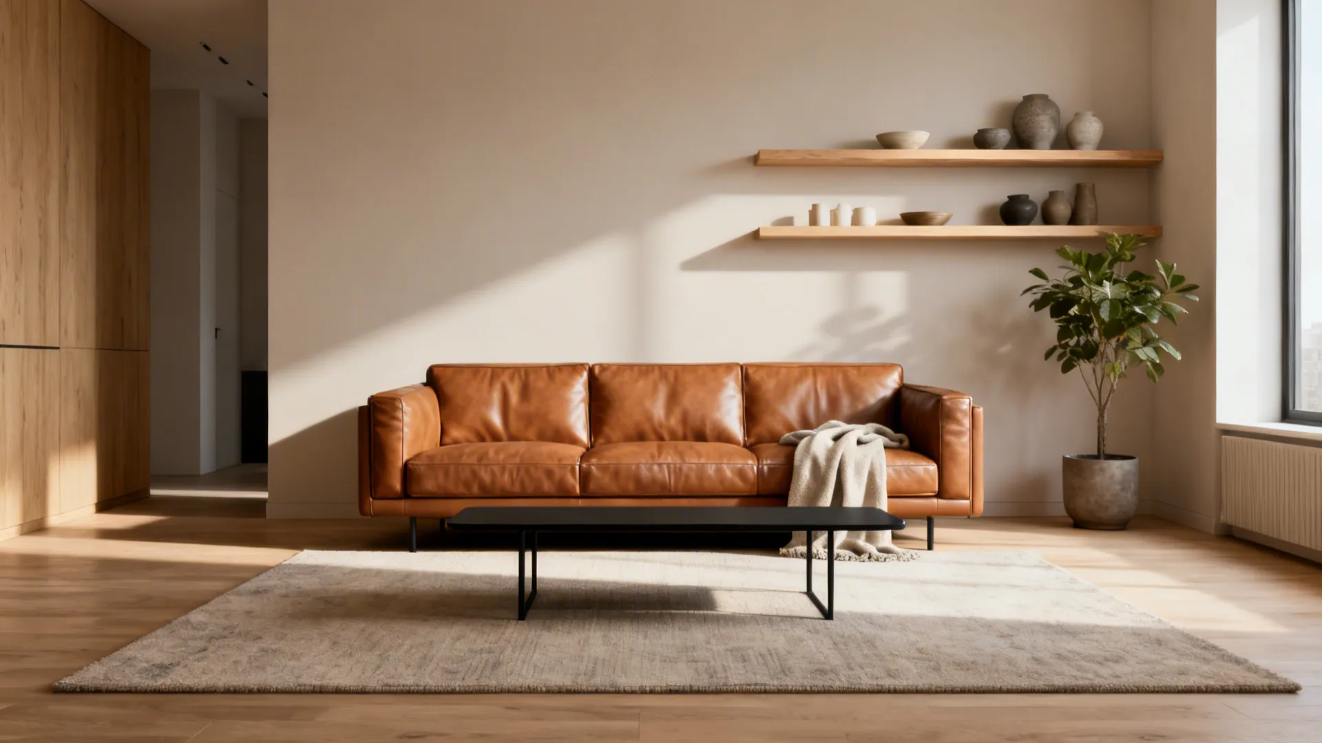 Warm minimalist living room with a tan leather sofa and black metal coffee table against floating wood shelves.