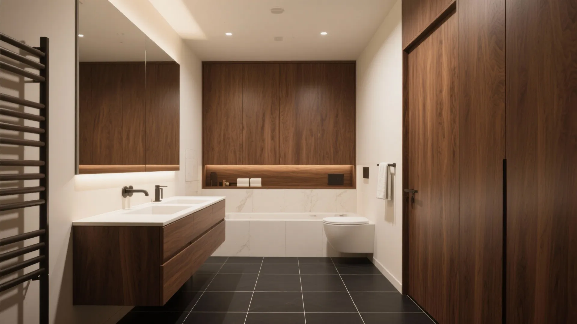 Warm minimalist bathroom with walnut cabinetry and charcoal tiles.