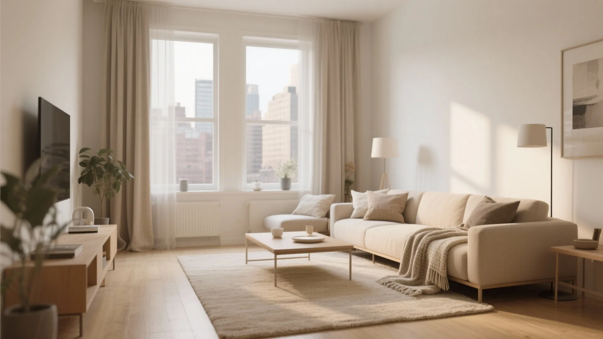 Cozy living room with beige sofa wooden coffee table floor lamp large windows and city view
