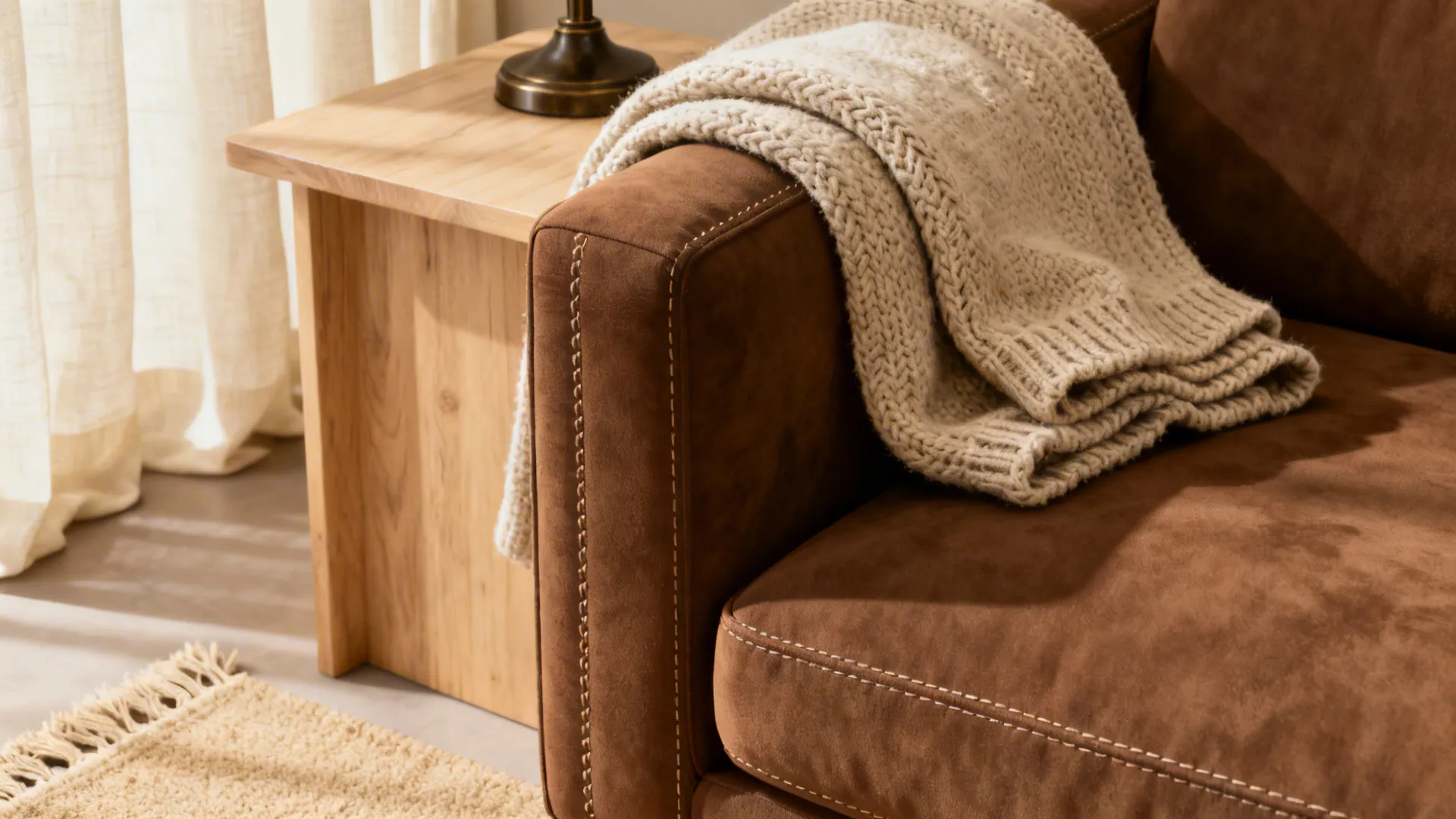 Close-up of a brown couch with knit throw, cream linen curtain and bronze lamp.