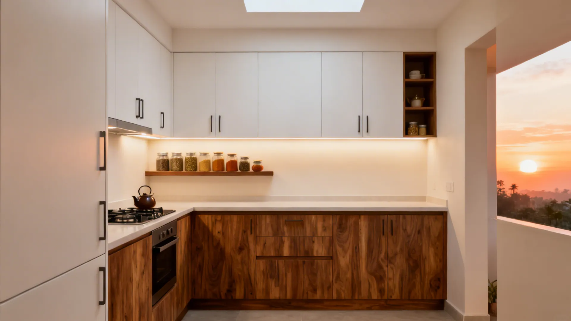 Warm minimalist small kitchen with wood-tone lowers, white uppers, and a slim open ledge.